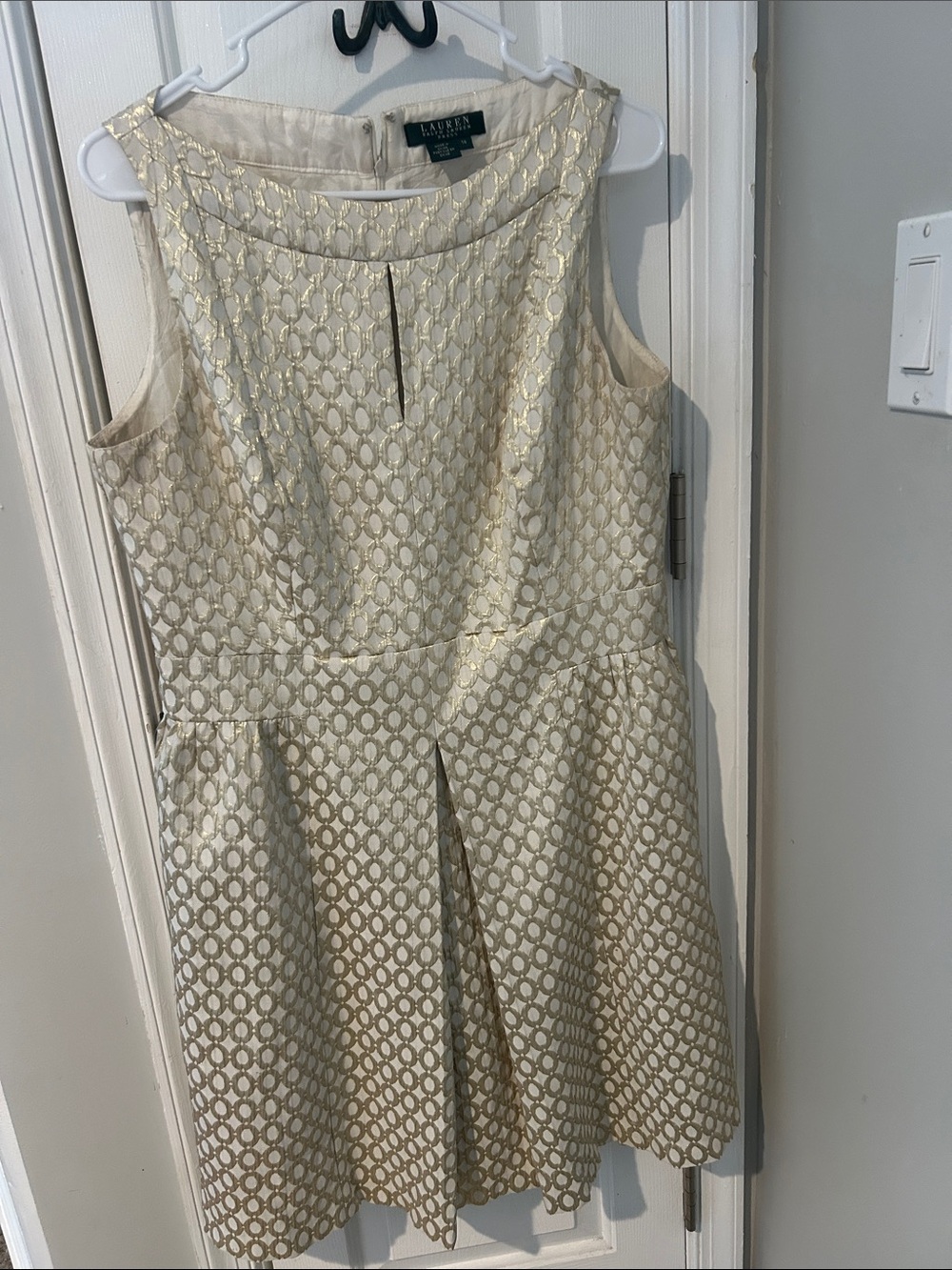1960s style gold metallic and ivory Ralph Lauren cocktail dress sz 14 sleeveless